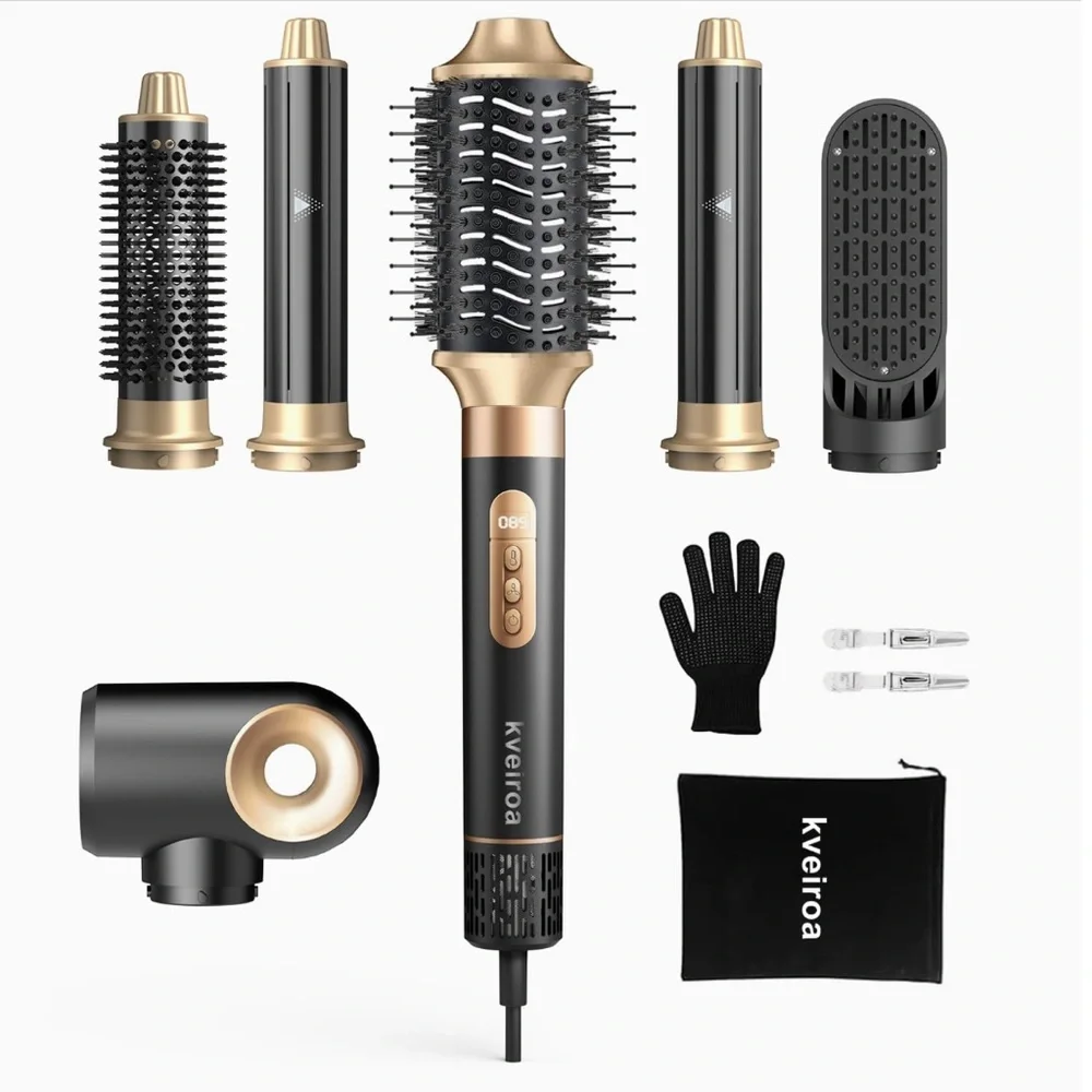 NEW! 6 in 1 Hot Air Brush & Hair Dryer with Auto Wrap Curlers Black Gold
